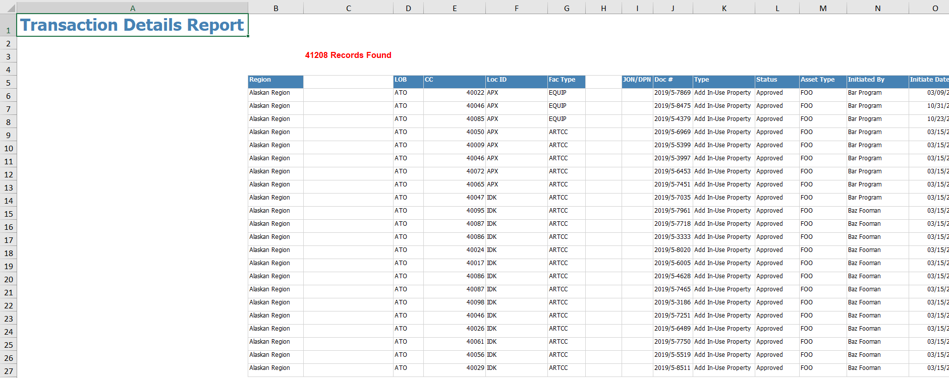 Example Excel Report - Unhidden