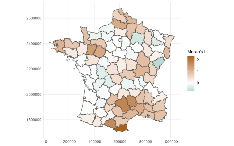 A map of calculated Moran's I values for the Guerry data set.