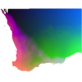 Predicted spatial variation in plant species composition. Colors represent gradients in species composition derived from transformed environmental predictors. Locations with similar colors are expected to contain similar plant communities.